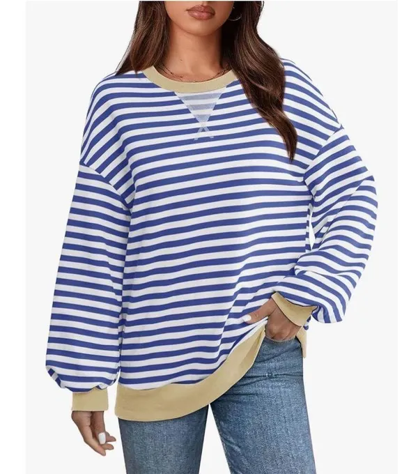 NEW Striped Crewneck Oversized Sweatshirt Pullover Sweater M Blue Size M - Image 5