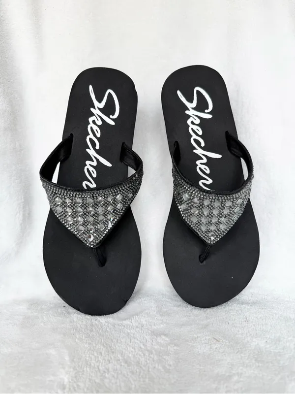 Skechers Black Wedge Flip Flops with Silver Rhinestone Straps Size 6 - Image 2