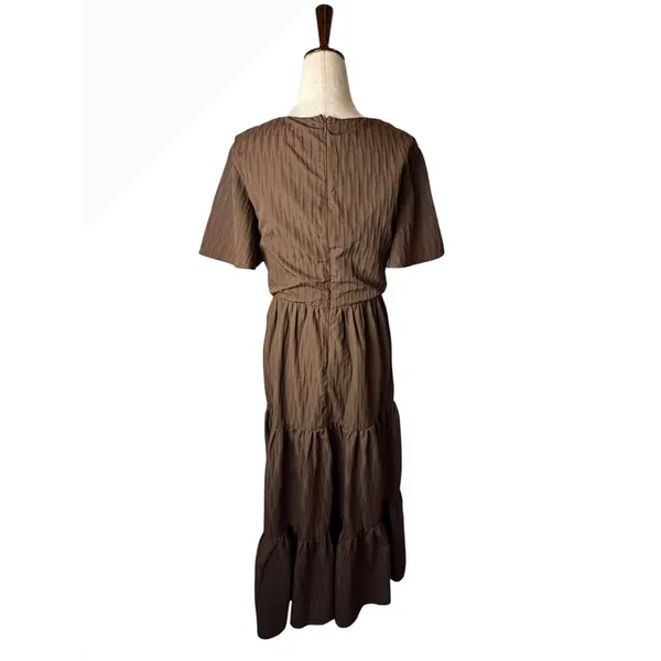 Showpo Cryzel Midi Dress Women 4 Brown Flutter Sleeve Tiered Boho Minimalist - Image 3