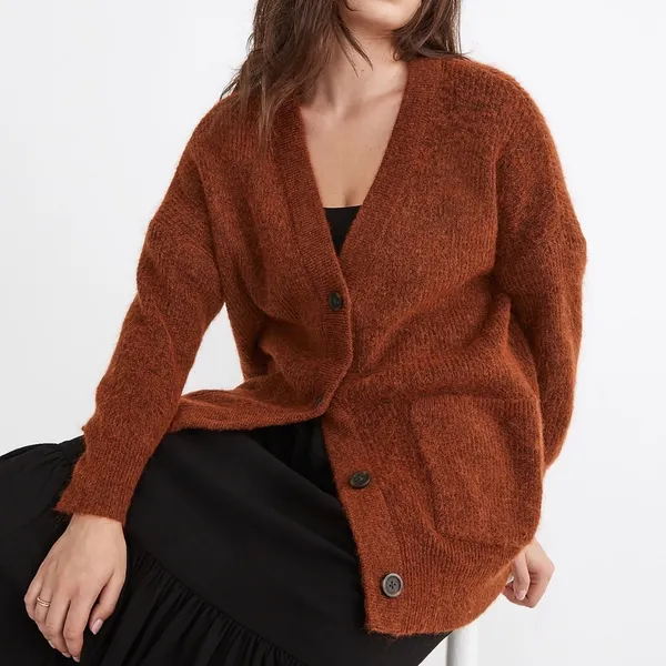 Madewell Cowen Cardigan Sweater Burnt Orange Oversized Fuzzy Knit XS Wool - Image 2