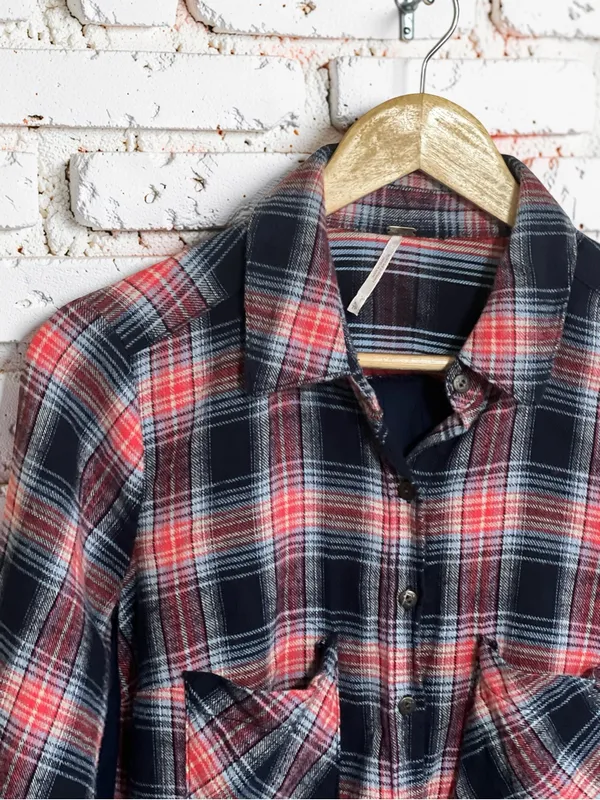 Free People Behind The Flannel Plaid & Floral Bandana Mixed Media Button Down - Image 4