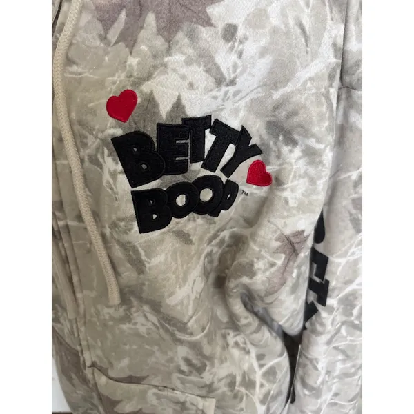 Fleischer Studios Betty Boop Camo Leaf Zip‎ Up Hoodie XL Tan Grey Graphic Back - Image 4
