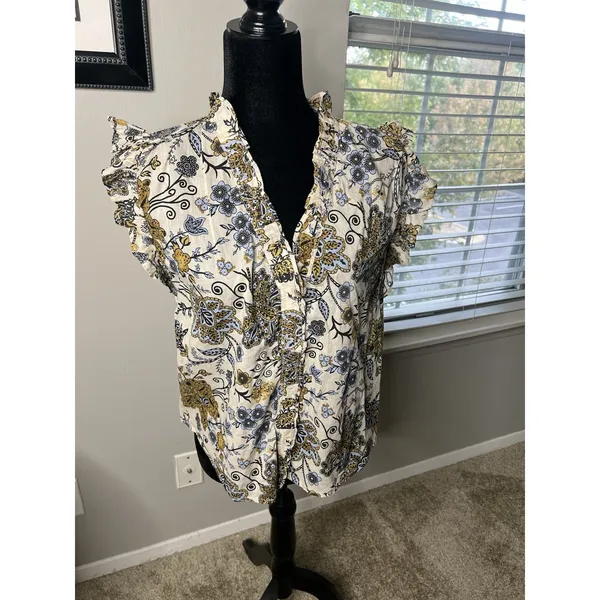 Elan Floral Ruffle‎ Trim Sleeveless Top Blouse Size Medium Cotton - Image 3