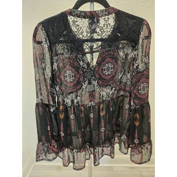Knox Rose Sheer Paisley Lace Velvet Accent Boho Tunic Blouse Black Pink Women M - Image 5