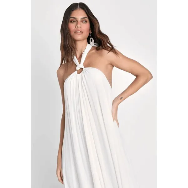 Lulus Corfu Charm Ivory O-Ring Halter Maxi Dress White Beachy Flowy Medium - Image 8