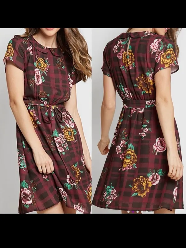 ModCloth Burgundy Floral Buffalo Check Joyfully Poised Collared A-Line Dress - Image 2