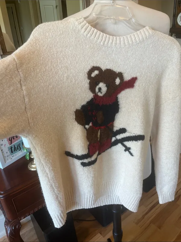 Cozy Cream Bear Snow Ski Sweater - Women's Crewneck Oversized - Image 3