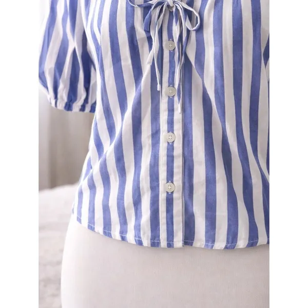 J.Crew Blue White Striped Blouse Tie Neck Puff Sleeve Coastal Chic - Image 2