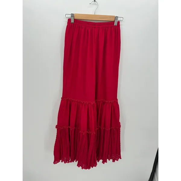 Boho Red Pink Wide Leg Ruffle Pants XS Elastic Waist Festival‎ Hippie Flare - Image 2