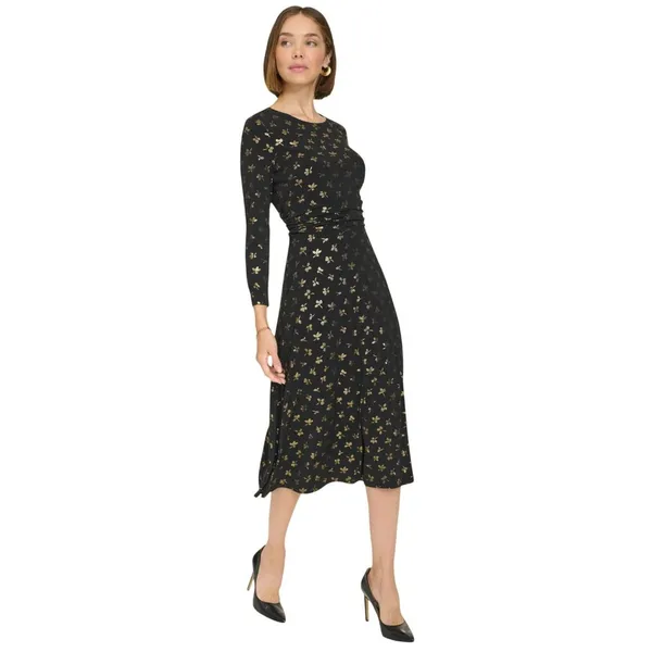 NWT Tommy Hilfiger Womens Printed Ruched-Waist Dress A4IJ114A Black / Gold 2 - Image 3
