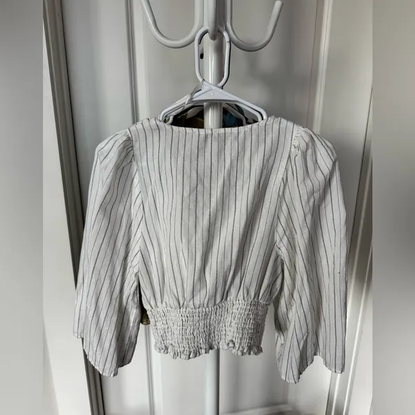 ZARA White Pinstripe V-Neck Smocked Waist Blouse - Image 3