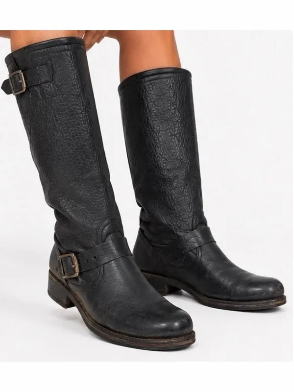 Frye Veronica Slouch Boots Black Leather Harness Engineer Boots Size 6 - Image 2
