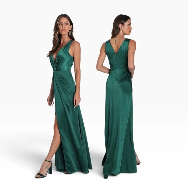 Lulus Perfect Refinement Emerald Satin Sleeveless Pleated Maxi Dress size M NWT - Image 2