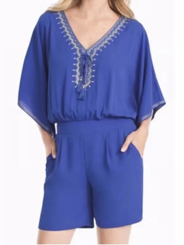 White House Black Market Kimono Sleeve Embroidered Shorts Romper Size 10 - Image 2