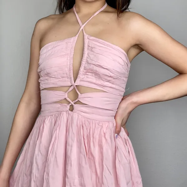 Lookbook Store Light Rose Pink Criss-Cross Cutout Front Sleeveless Halter Dress - Image 5