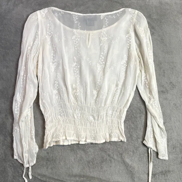 Women's Embroidered Smocked Top Size S Ethereal Fairycore Split Sleeve Sheer - Image 6