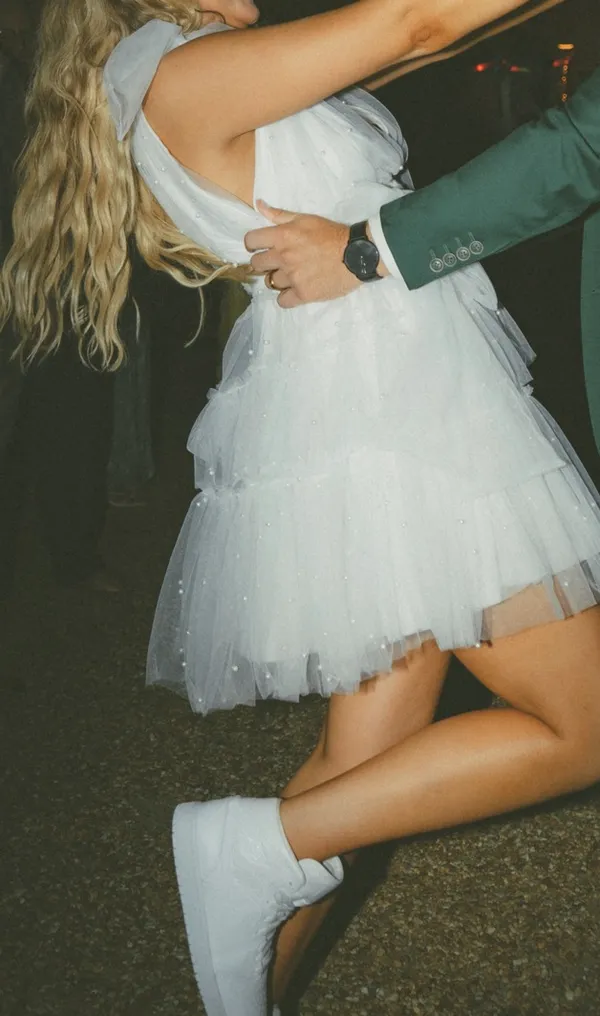 White Pearl Bridal Mini Dress Size M - Image 5