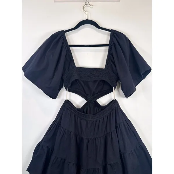 Free People Mini Dress Black Cross Of Sunlight Cutout Waist Smocked Tiered Small - Image 10