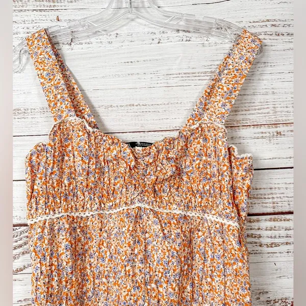 Zara Floral Ditsy Orange Lilac Smocked Sleeveless Minidress, EUC, Size Medium - Image 4