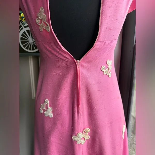 Vintage handmade 50/60s pink beaded cap sleeve formal maxi dress, size small - Image 8
