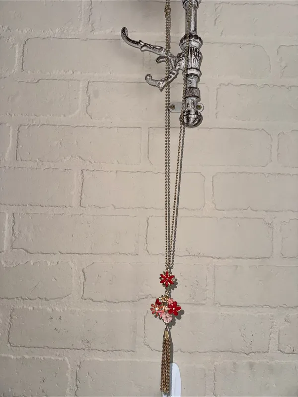 Gold Floral Pendant Necklace with Red and Pink Enamel Flowers new - Image 2