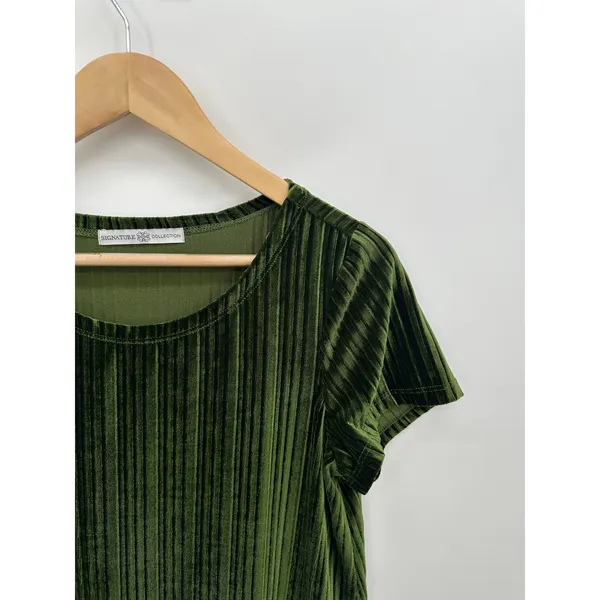 Signature Collection Green Velvet Tee Women Small Short Sleeve Striped Velour‎ - Image 5