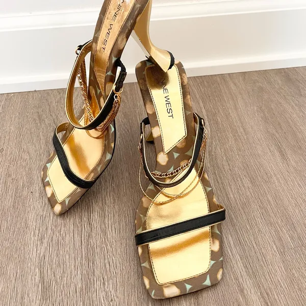 Vintage Nine West Strappy Gold Chain and Black Square Toe Heels - Image 2