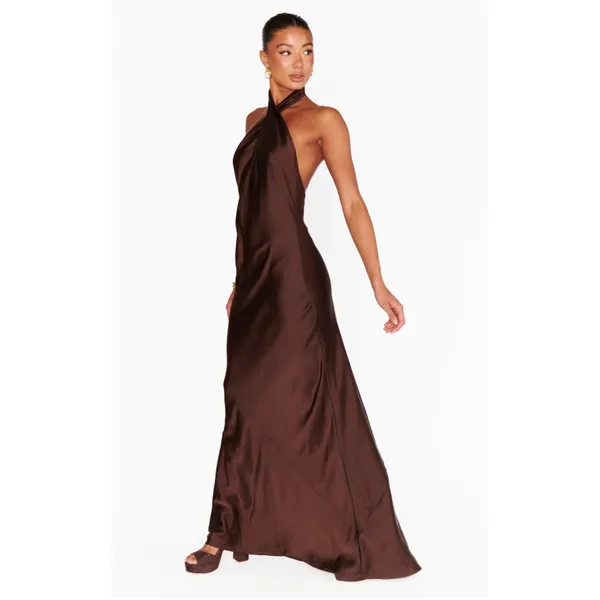 Show Me Your MuMu Jasmine Halter Maxi Dress Chocolate Brown size Small - Image 3