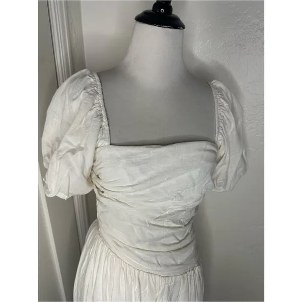 Charming Off-White/Cream Ruched Mini Dress – Puff Sleeves & Smocked Back small - Image 4