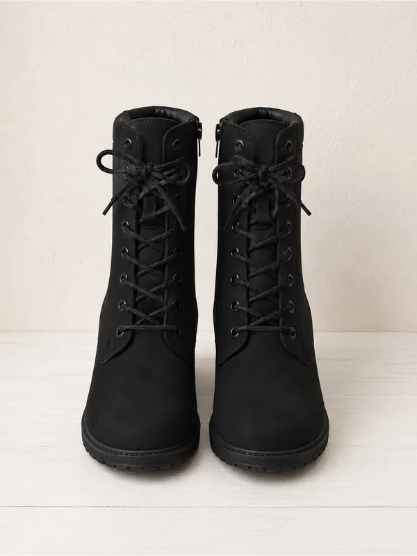 Timberland Tillston 6 Inch Double Collar Black Nubuck Chunky Heel Lace Up Boot - Image 3