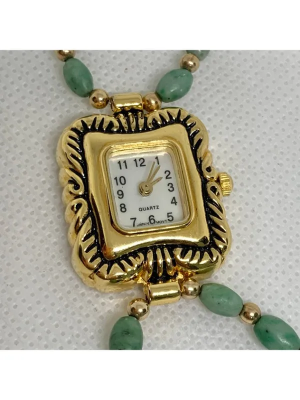 Women’s watch 21mm case quartz analog green gold tone beaded bracelet 7” running - Image 2