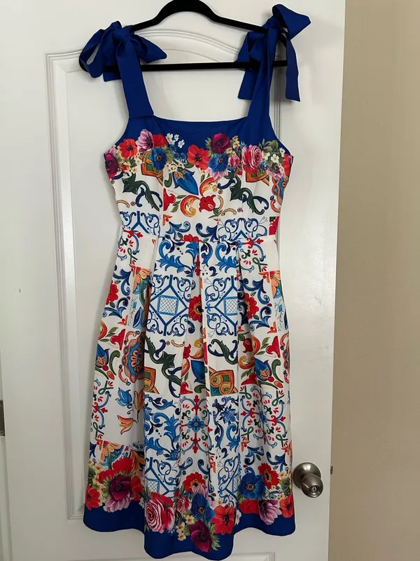 Dalia Macphee Floral Mosaic Tile Print Sleeveless Shoulder Tie Dress Pleat Skirt - Image 3