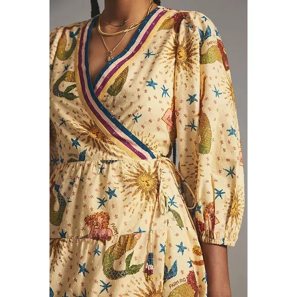 Farm Rio Anthropologie Mermaid Celestial Wrap Mini Dress Cream Embroidered Small - Image 2