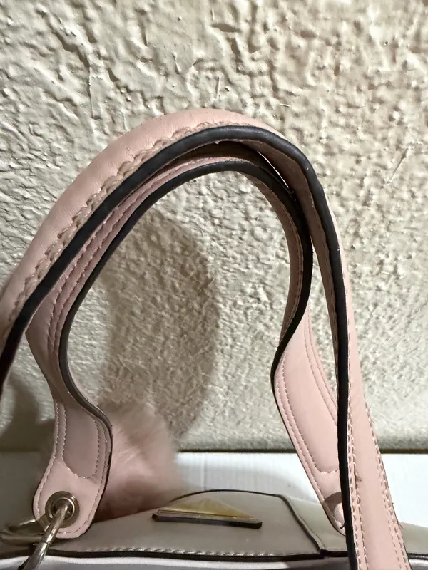 Guess Blush & Cream Colorblock Tote Bag Gold Logo Charm Pom Pom Large - Image 13
