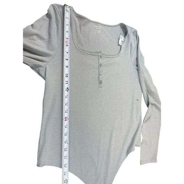 American Eagle XXL Bodysuit Gray Ribbed Long Sleeve Square Neck Henley NWT - Image 8