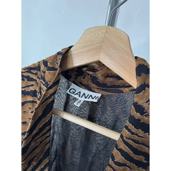 Ganni Wrap Dress Brown Tiger Print Long Sleeve High Low Maxi 38 - Image 6