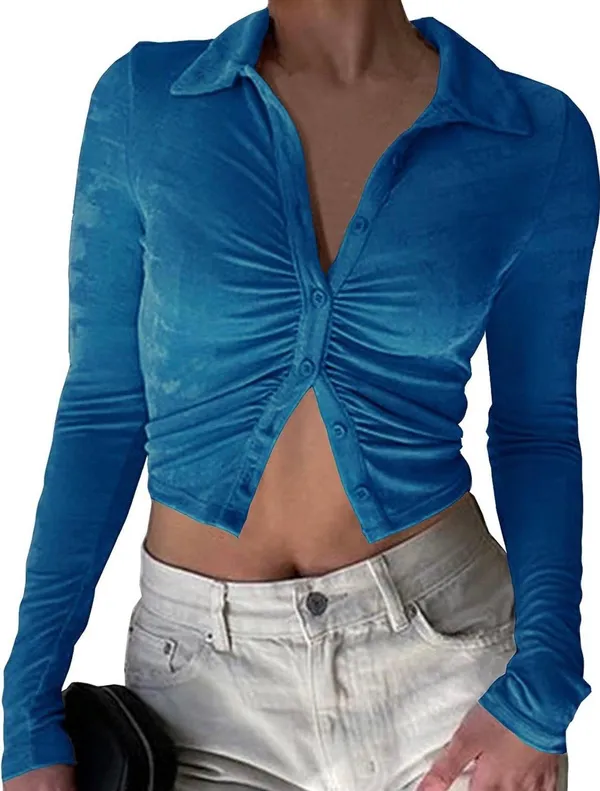 Women Button Down Ruched Long Sleeve Top Blue Size M - Image 3
