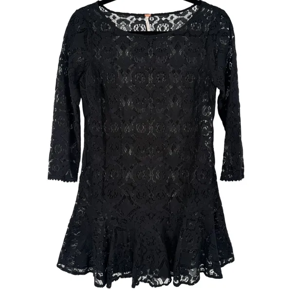 Free People Sheer Floral Lace Mini Dress 3/4 Sleeve Ruffle Hem Black Boho Size 0 - Image 3