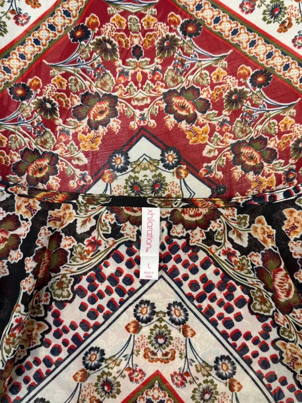 Xhilaration Floral Boho Kimono Cardigan Sheer Fringe Hem Size Large - Image 6