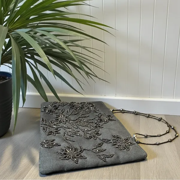 BEBE Black Beaded Evening Purse – Floral Shoulder Bag - Image 4