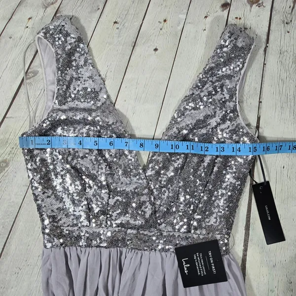 Lulus Elegant Encounter Pewter Sequin Maxi Dress Silver Grey V-Neck Gown Small - Image 11