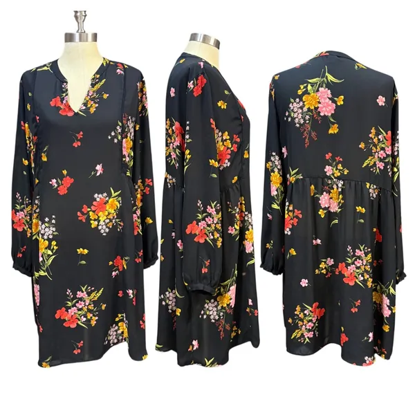 Old Navy L Floral Balloon Sleeve Midi Dress Semi Sheer Black Babydoll Cottage - Image 2