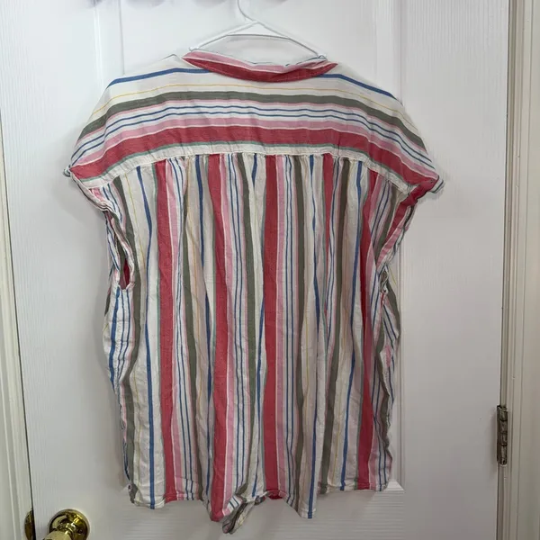 Old Navy multicolor striped button down‎ v-neck cuffed sleeve tie hem shirt XL - Image 6