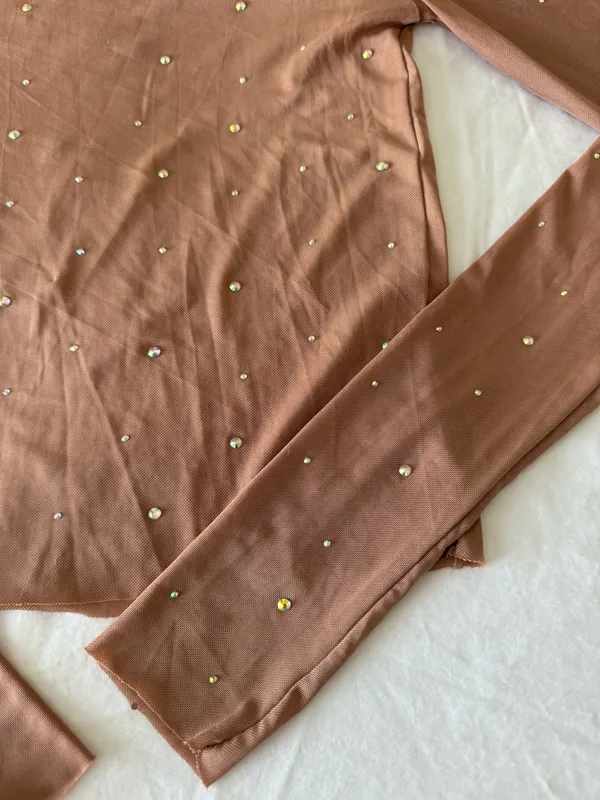 Wild Fable Beige Mesh Turtle Neck Top With Rhinestone Detail - Image 3