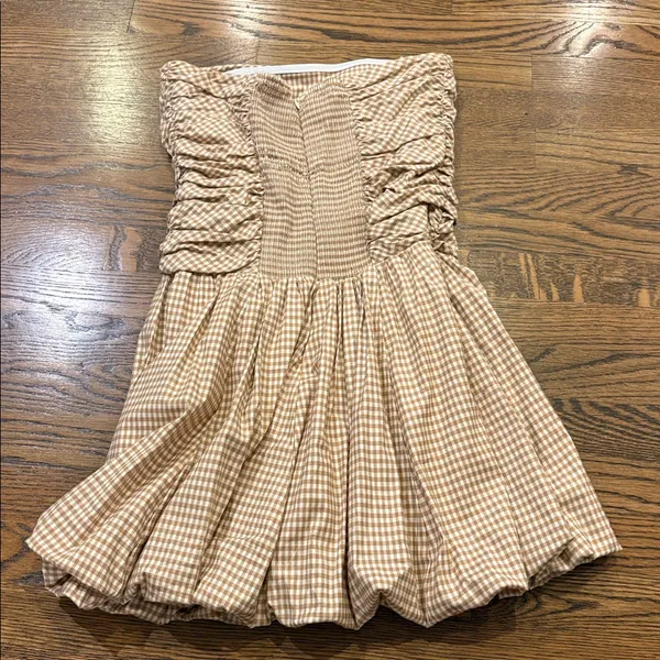 Reformation Clea Anzo Check Strapless Beige Gingham Bubble-Hem mini dress, 6 - Image 5