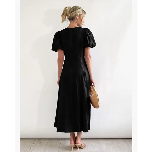 NEW 100% Cotton Puff Sleeve Twist Front V Neck Maxi Dress L - Image 2