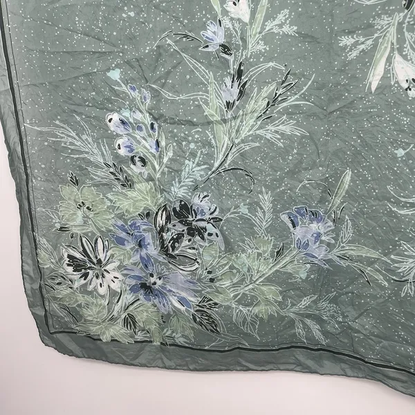 Silk Scarf Square Floral Silk Sheer Teal Blue Delicate Head Waist Tie Elegant - Image 4
