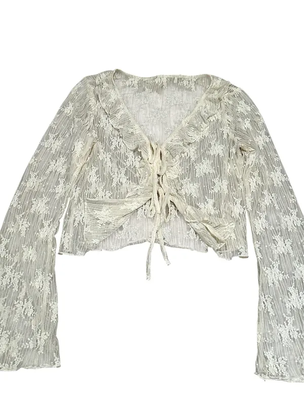 Women’s Ivory Lace Ruffle Blouse Flare Sleeve Tie Front Festival Feminine - Image 4