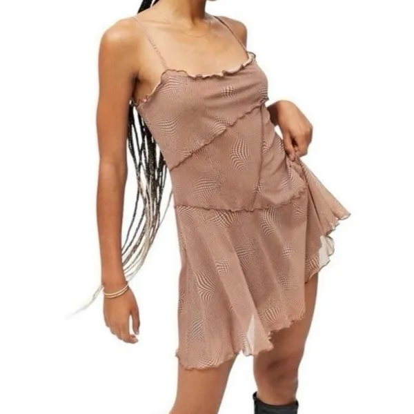 Urban Outfitters Moxie Mesh Mini Slip Dress Brown Swirl Optical Illusion Small - Image 2