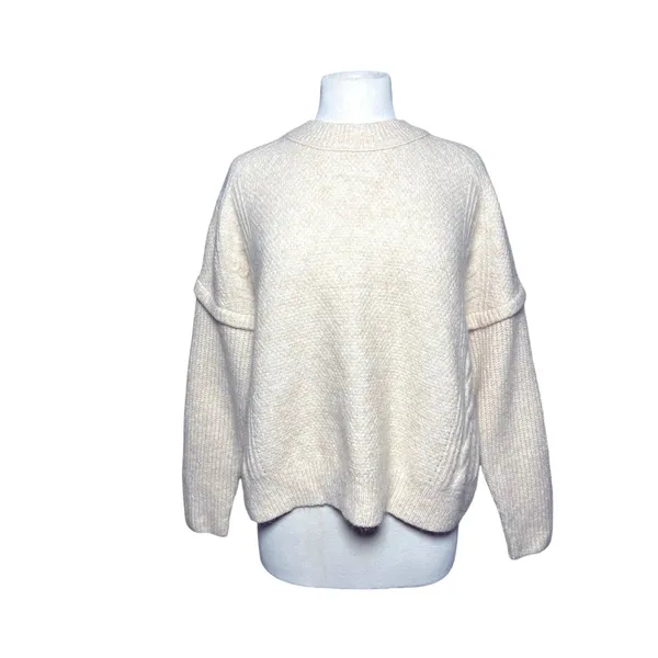 MADEWELL Women’s Fuzzy Alpaca Blend Cream Pullover Mixed Knit Sweater - Image 2